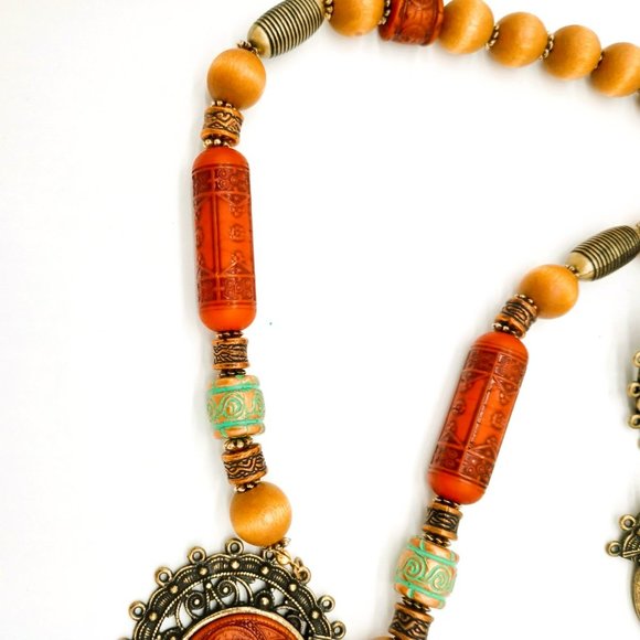 Lady Remington Vtg Necklace and Earring Set 26” Boho Wooden Beaded Jewelry - Picture 5 of 9
